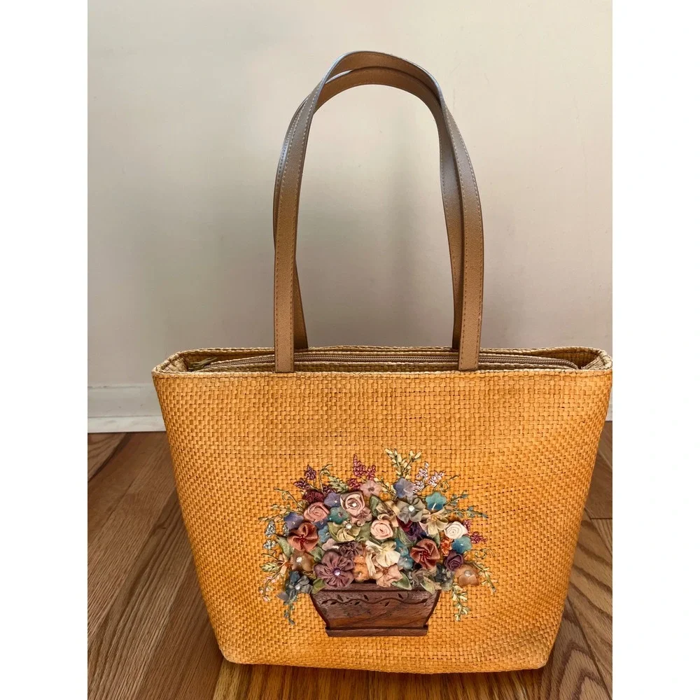 Cappelli Straworld Woven Straw Tote Bag 3D Ribbon Floral Basket Tan Shoulder Bag